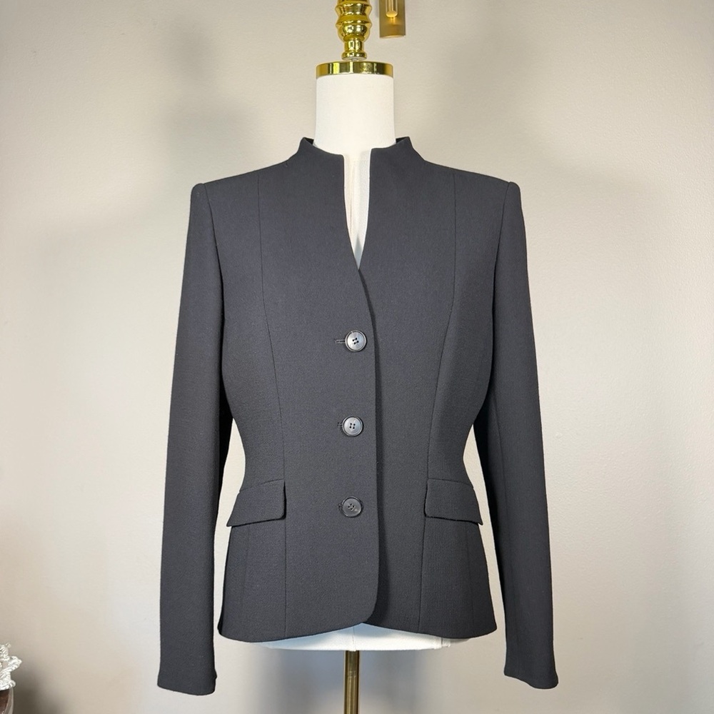 Lafayette 148 New York Virgin Wool Charcoal Gray Stand Collar Fitted Blazer 8